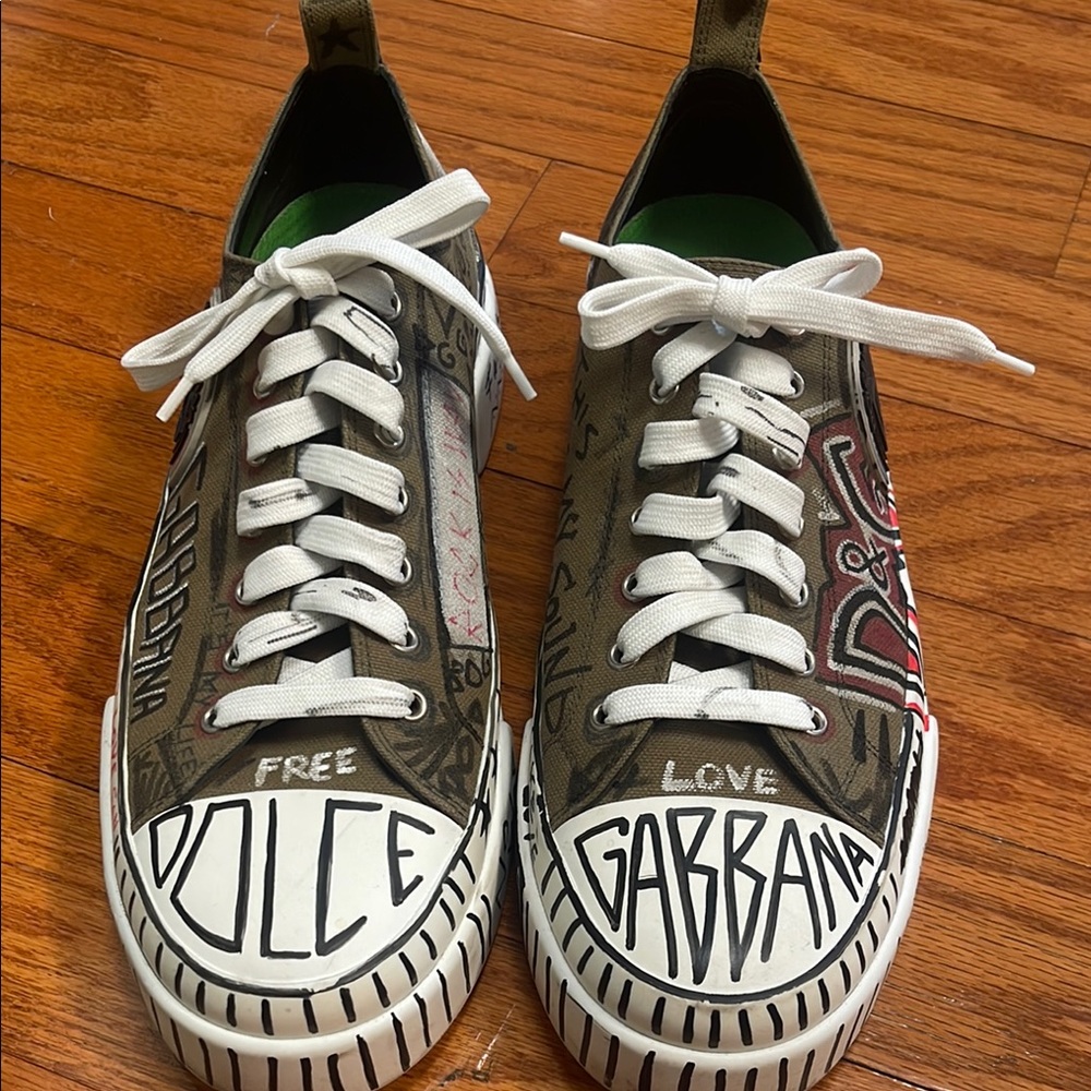 Men’s Dolce & Gabbana Brown and White Sneakers Artistic Design